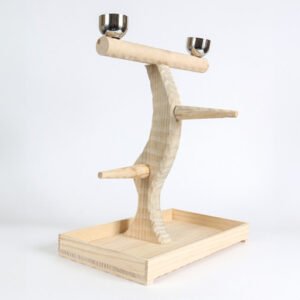 Medium Table Top Wood Parrot Stand with Feeding Bowls